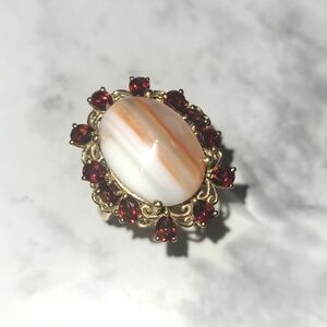 Ring Mozambique Banded Agate w Garnet Halo Gold Bonded setting size 9